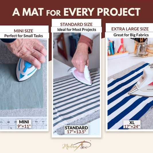 Wool pressing mat in mini 9x11, standard 17x13.5 and XL 17x24 inch sizes, each shown with an iron on fabric