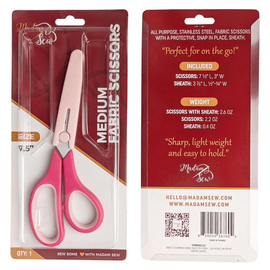 Madam Sew Fabric Scissors shown in their original packaging and plus the back of the packaging.