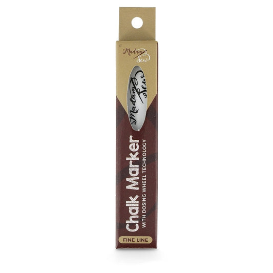 A white chalk marker for fabric in a Madam Sew Brand box