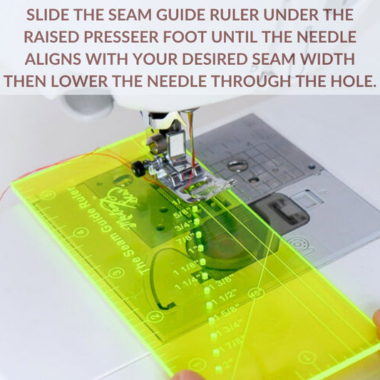 Yellow transparent Seam Guide Ruler on a sewing machine with text to explain the use
