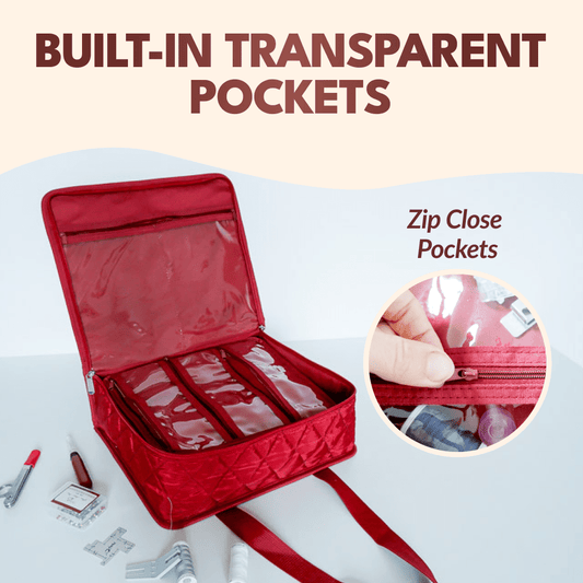 the transparent pockets of a red sewing organizer with zippers