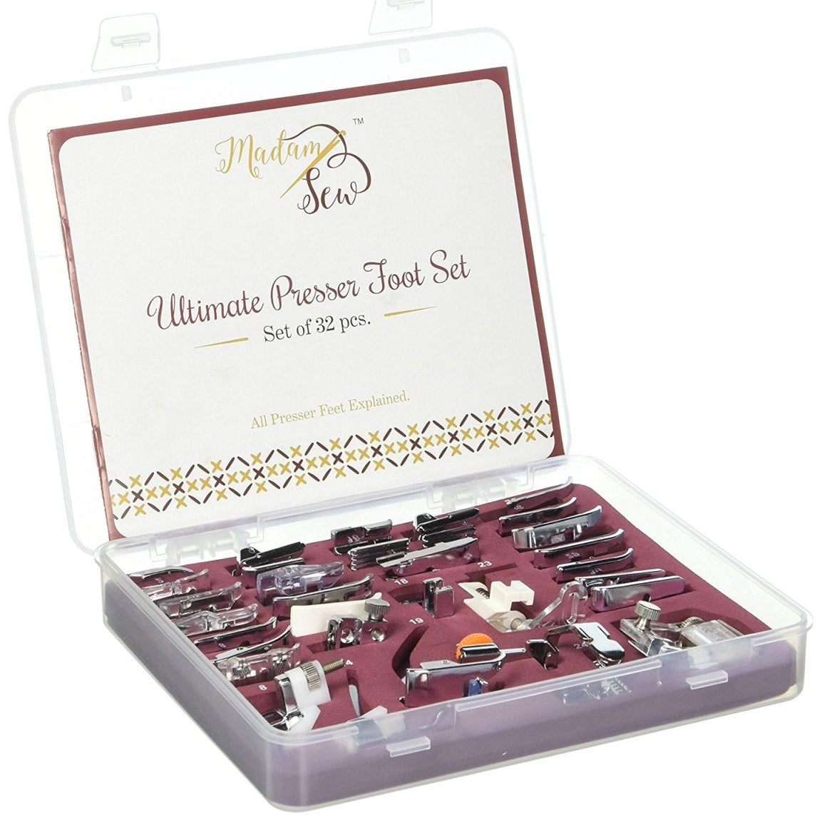 A plastic box with a manual and 32 presser feet in slots to use on a sewing machine