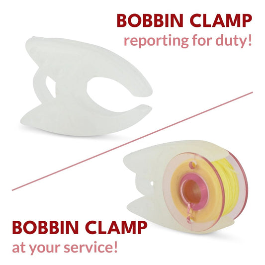 A bobbin clamp holding a bobbin with yellow thread