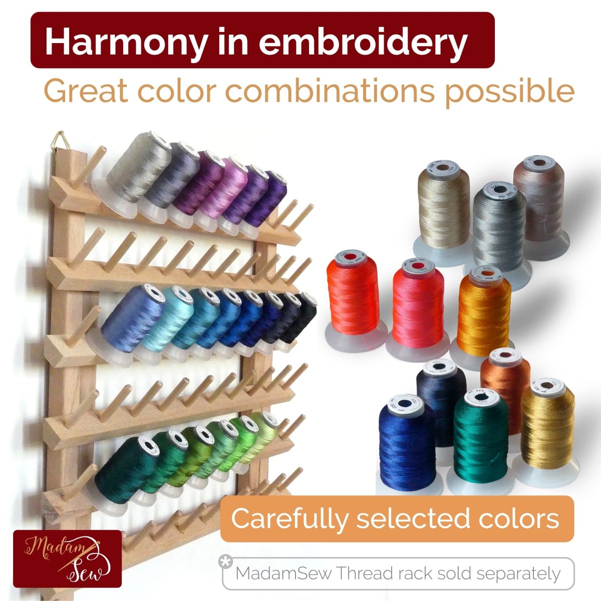 Cones of Embroidery Thread in different colors on a thread rack