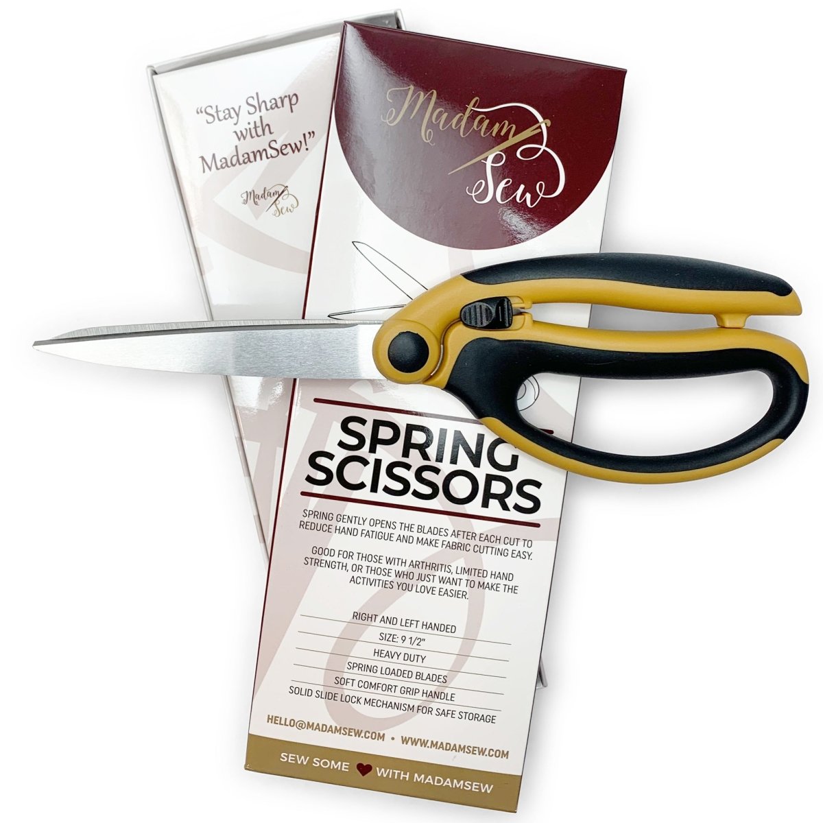 The packaging of the Madam Sew spring scissors and the spring scissors