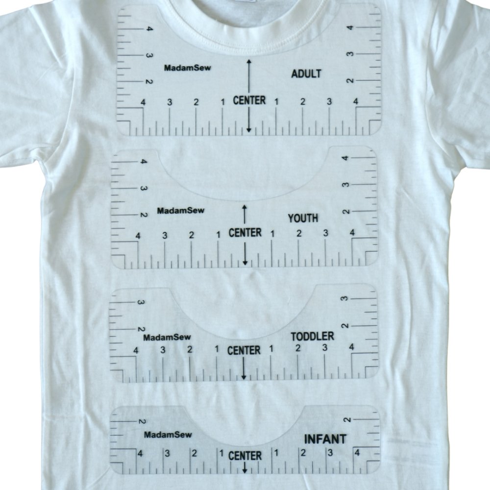 4 sizes of t-shirt alignement rulers on a white t-shirts