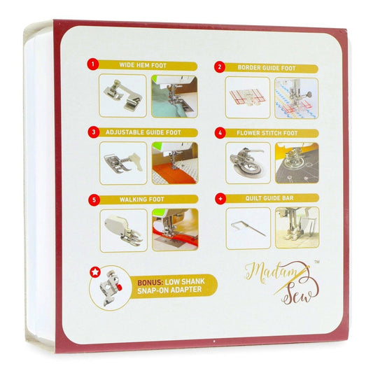 Picture of the back of the Ultimate Presser Foot Big Five packaging.