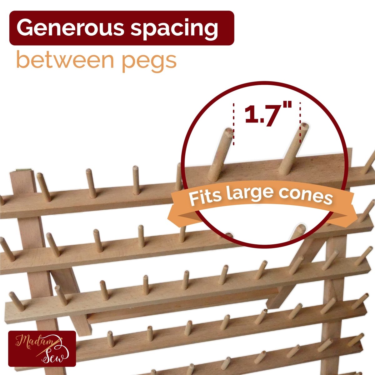 detail of the distance between the pegs of a wooden thread rack