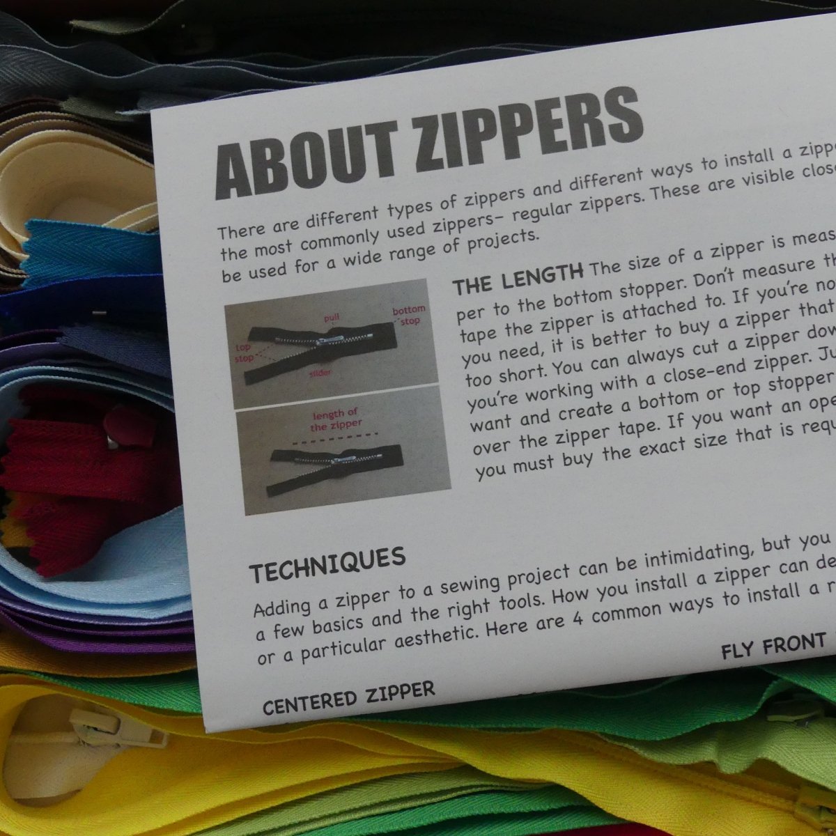Instructions about zippers and how to sew them