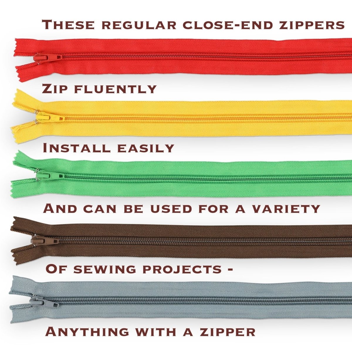 five zippers in different colors with some features of the zippers