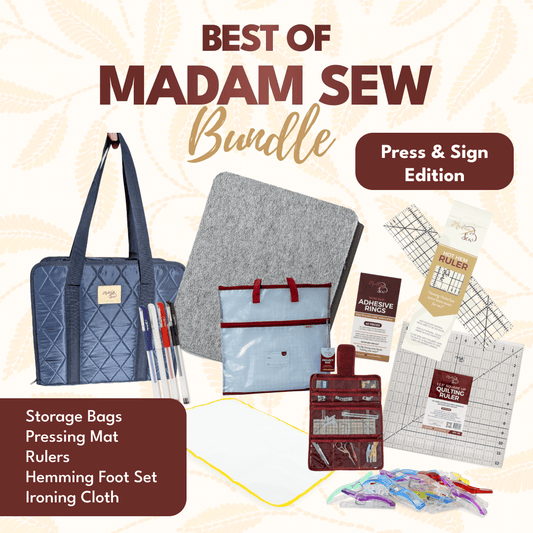 Best of Madam Sew bundle graphic with navy quilted bag, grey pressing mat, project bag, rulers, pens, clips and ironing cloth