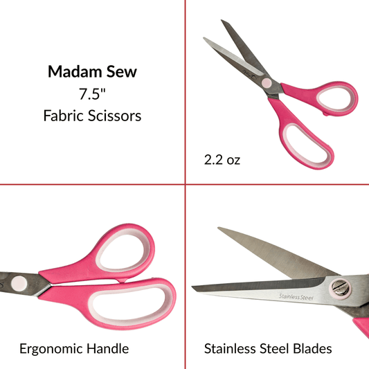 Madam Sew Fabric Scissors showing the scissor features.