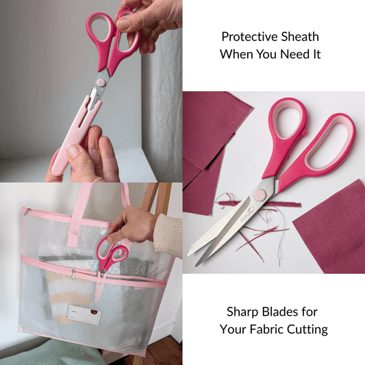 Madam Sew Fabric scissors showing how the protective sheath, that they cut fabric and are good for travel.
