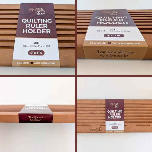 Multiple views of the Madam Sew Quilting Ruler Holder packaging shown while displaying the quilt ruler rack.