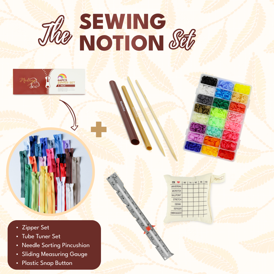 Sewing Notions Set - Zippers, Snap Buttons, Gauge, Pincushion & Tube Turners