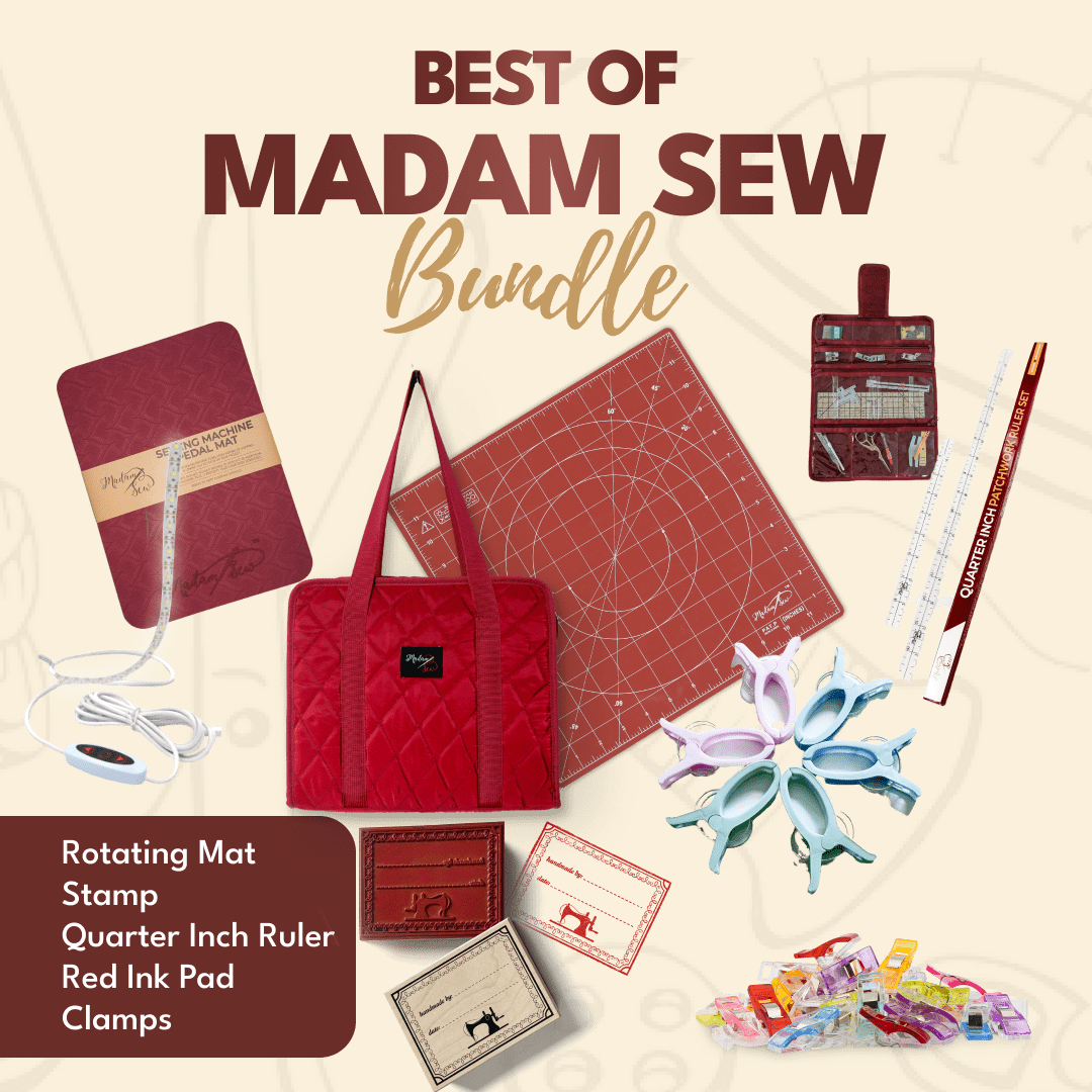 Best of Madam Sew - (Rotating Mat + Stamp + Quarter Inch Ruler + XL Clips + Red Ink Pad + Clamps) - MadamSew