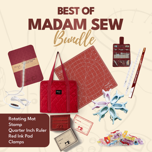Best of Madam Sew - (Rotating Mat + Stamp + Quarter Inch Ruler + XL Clips + Red Ink Pad + Clamps) - MadamSew