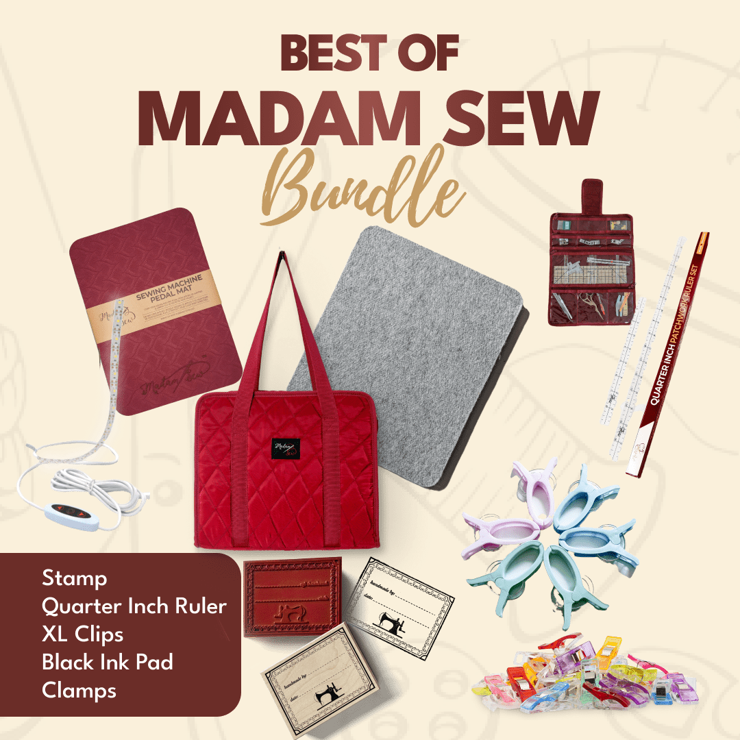 Best of Madam Sew - (Stamp + Quarter Inch Ruler + XL Clips + Black Ink Pad + Clamps) - MadamSew