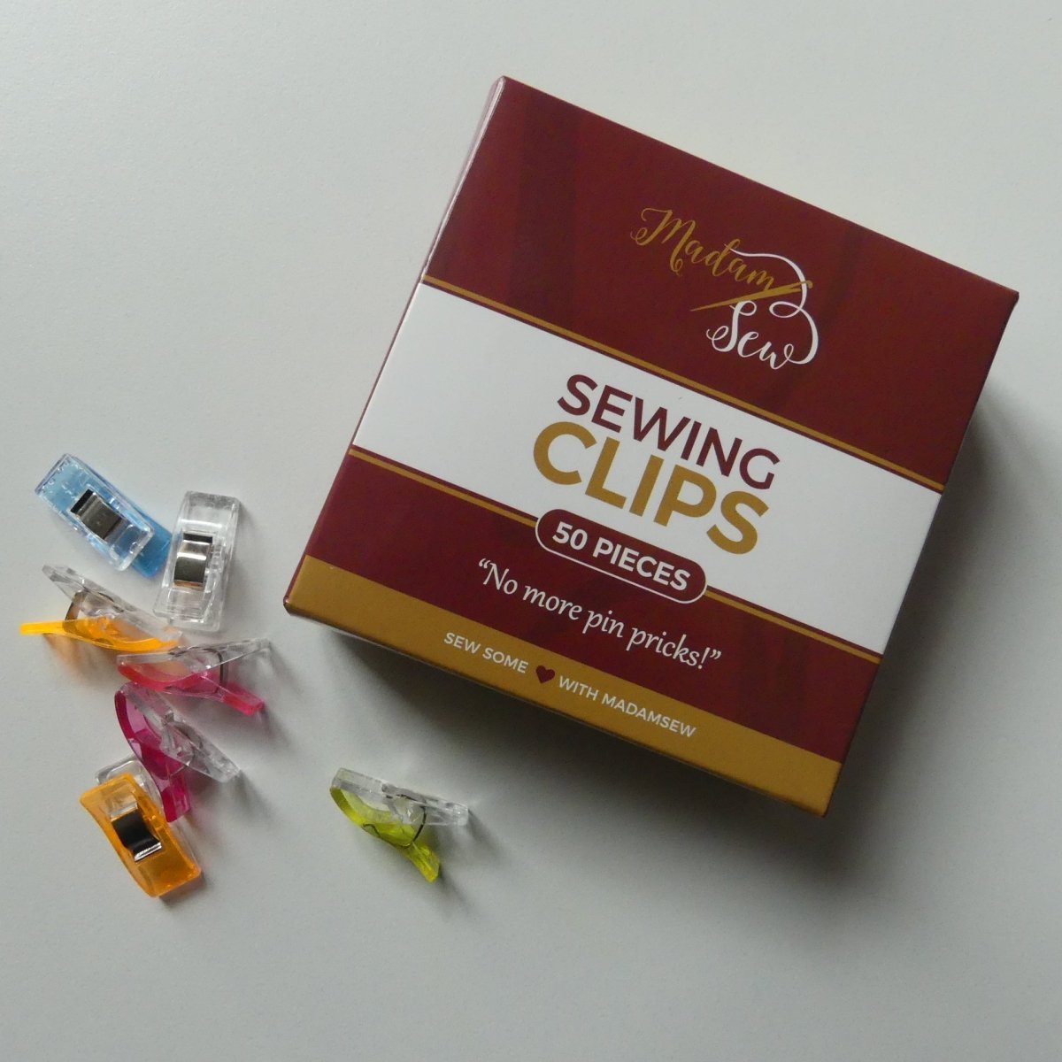 Sewing clips by Madam Sew next to a branded box