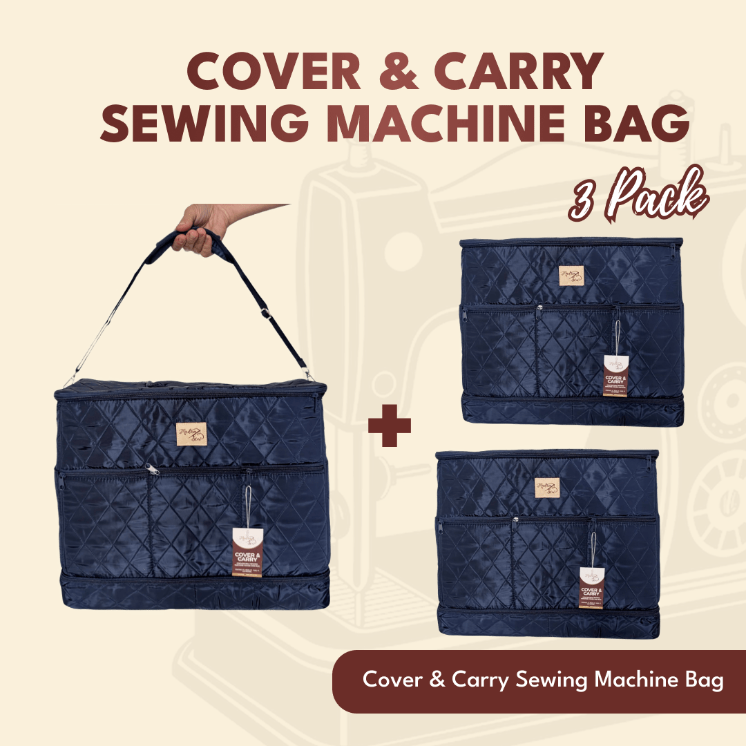 Graphic of three navy Cover & Carry sewing machine bags, labelled 3 pack