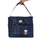 Navy quilted Cover & Carry sewing machine bag held by its shoulder strap, with hang tag