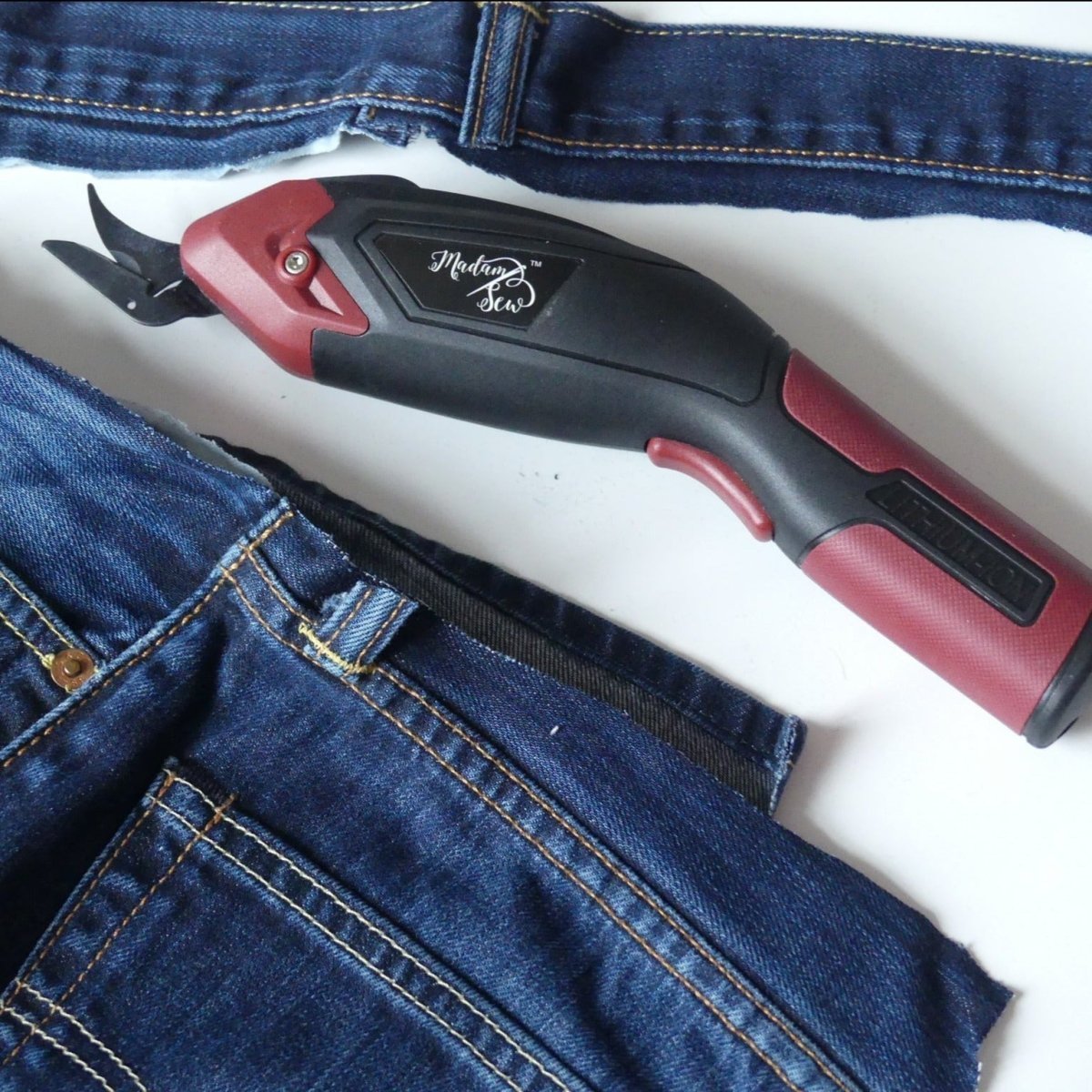 Cut through denim easily with electric fabric scissors