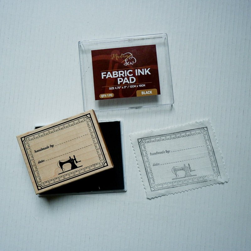 "Handmade By" Fabric Stamp & Permanent Ink Pad Bundle - Black or Brick Red - MadamSew