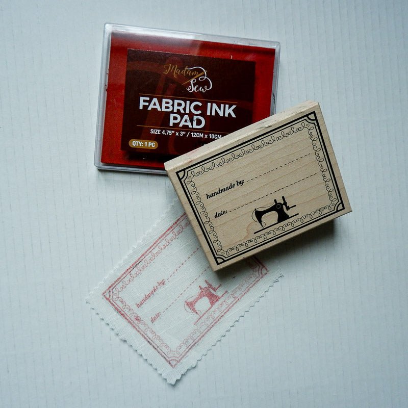 "Handmade By" Fabric Stamp & Permanent Ink Pad Bundle - Black or Brick Red - MadamSew