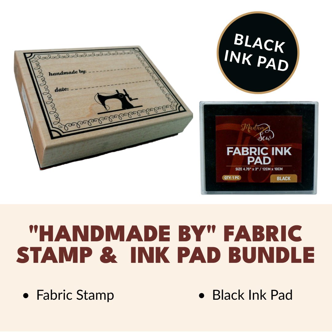 "Handmade By" Fabric Stamp & Permanent Ink Pad Bundle - Black or Brick Red - MadamSew