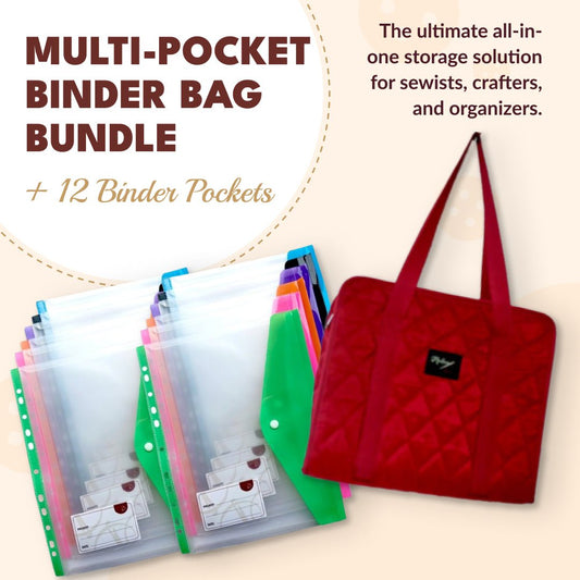 12 binder pockets to store in the Madam  Sew multi-pocket binder bag