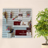 Peg Board on a pink wall with a green plant next to it