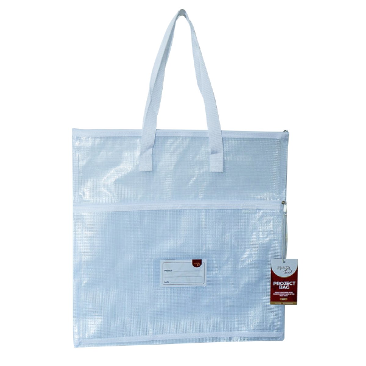 Transparent Project Bag with white handles and a two pockets by Madam Sew