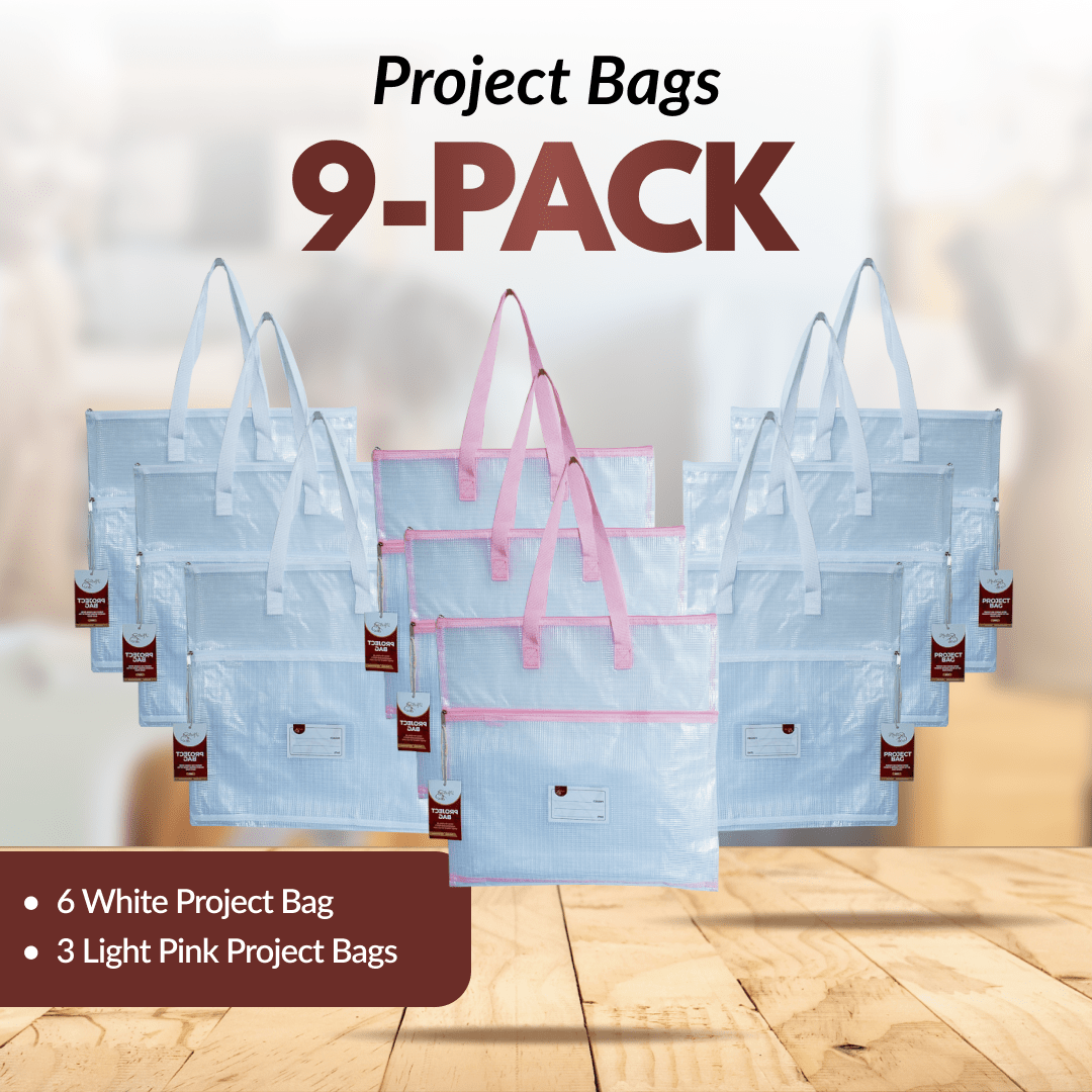 Project Bags - 9 Pack - Six White with Light Pink - MadamSew