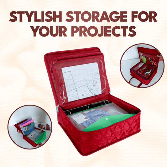 a red Multi-pocket Sewing Organizer with rings for binder pockets