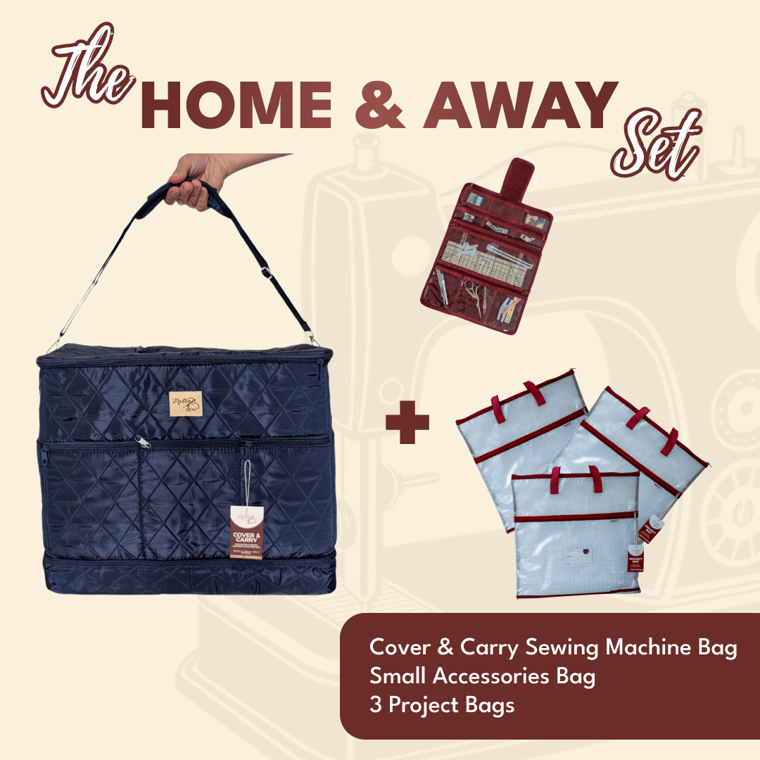 Home and Away set: navy quilted sewing machine bag, red accessories bag and three clear project bags