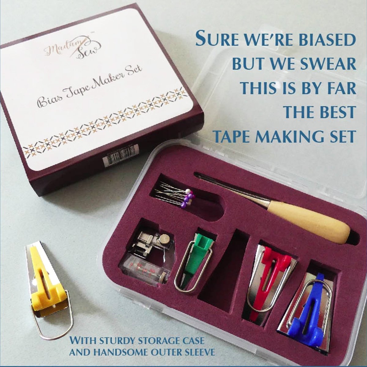 Shows the 16pc Bias Tape Maker Set with it's protective outer sleeve.