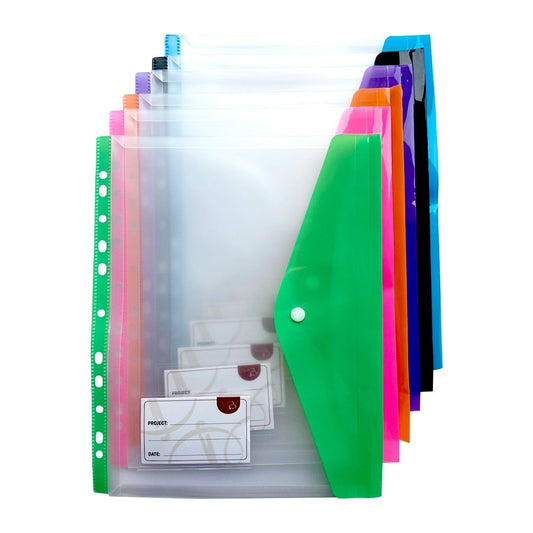 Six organization sewing room binder pockets in colors green, pink, orange, purple, black, and blue