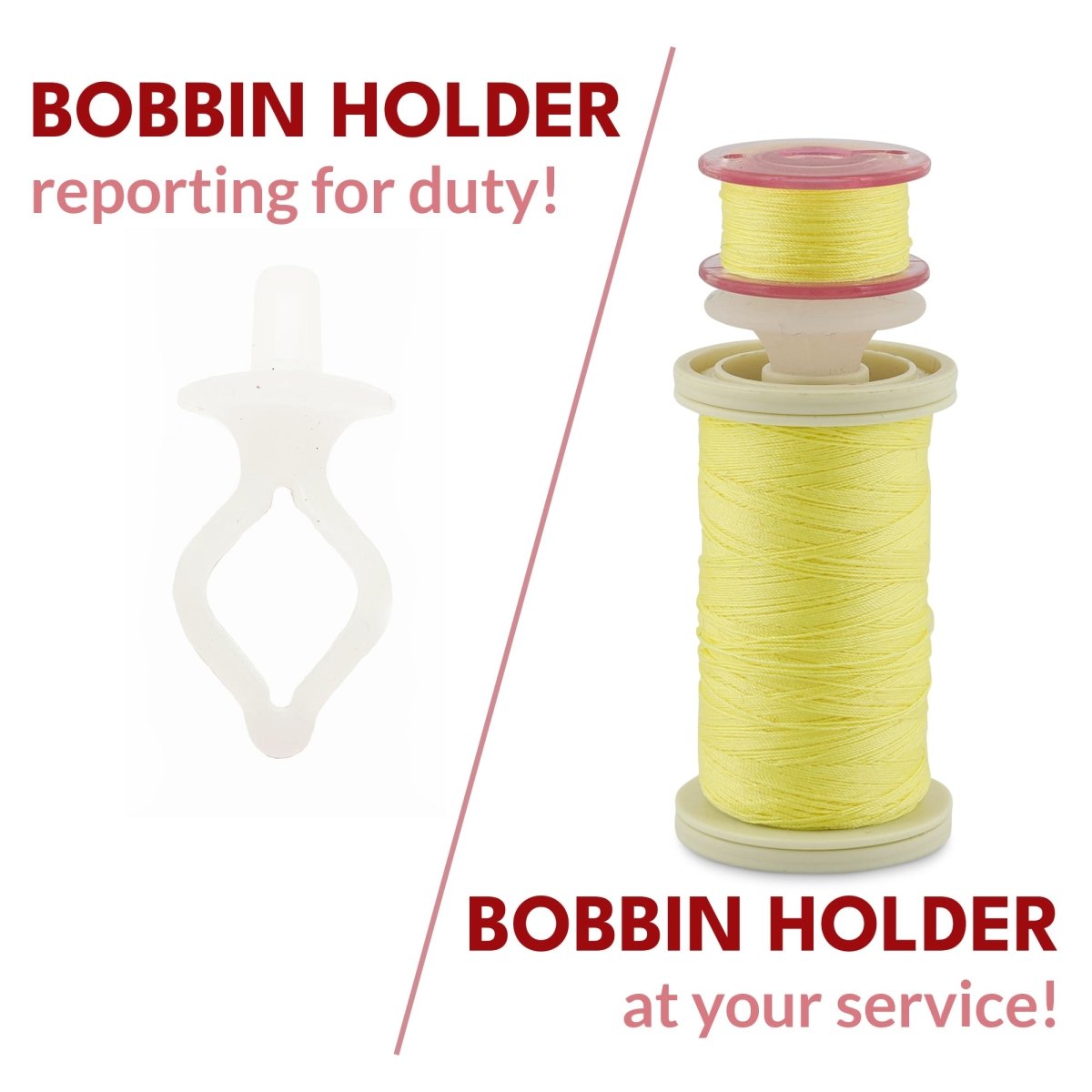 A white bobbin holder holding a bobbin with yellow thread on a spool with matching thread