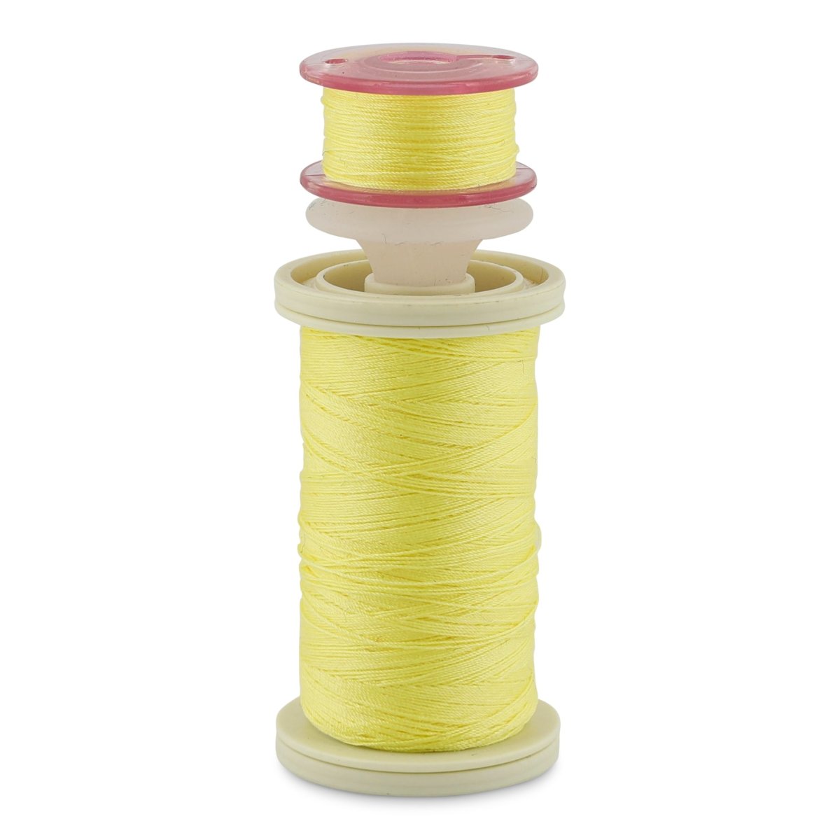 a spool with yellow thread, a bobbin with yellow thread, held together with a bobbin holder
