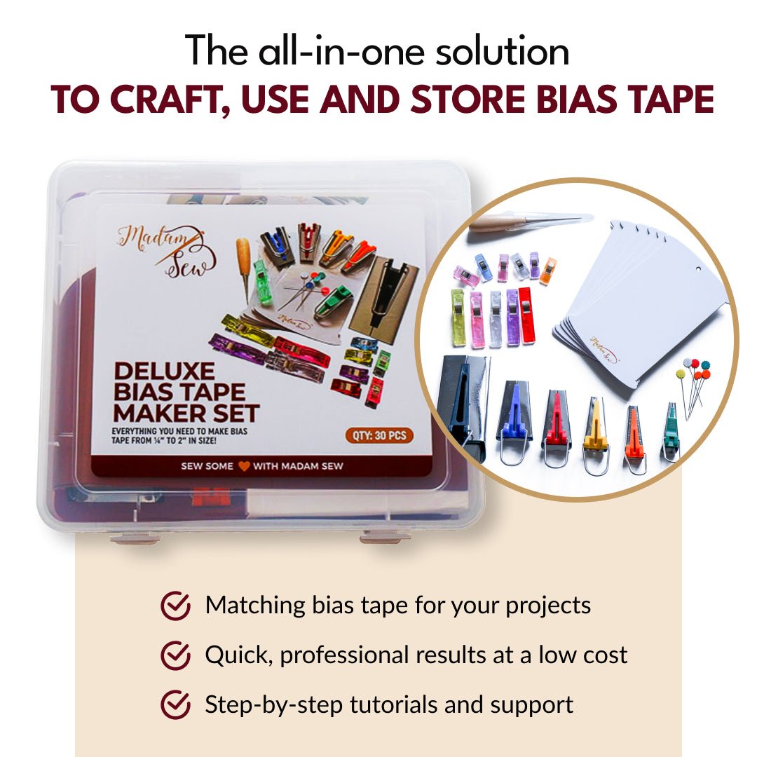 Deluxe Bias Tape Maker Set, the all-in-one solution to Make, Use and Store Bias Tape.