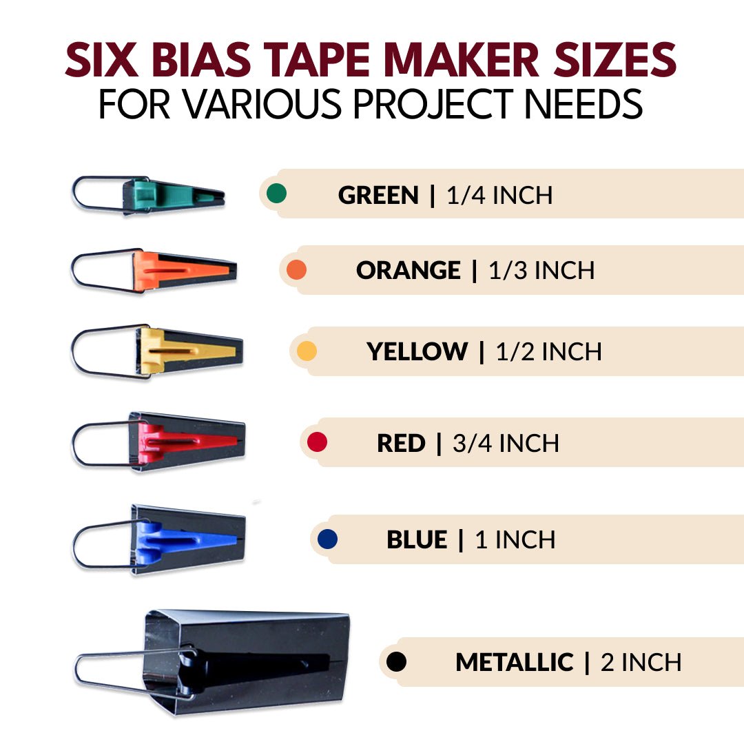 The six Bias Tape Maker sizes that come in the Deluxe Bias Tape Maker Set and their sizes.