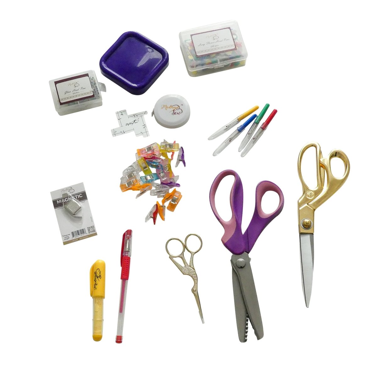 All sewing tools that come with the basic sewing tools box by Madam Sew