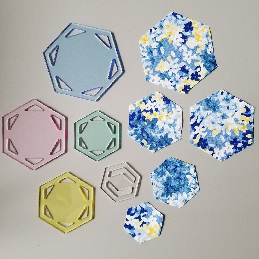 Fabric hexagons cut using the 5colorful pc Hexagon Template Set