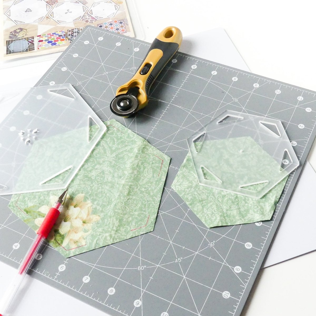 Fabric hexagons cut out using the 3pc Hexagon Template Set