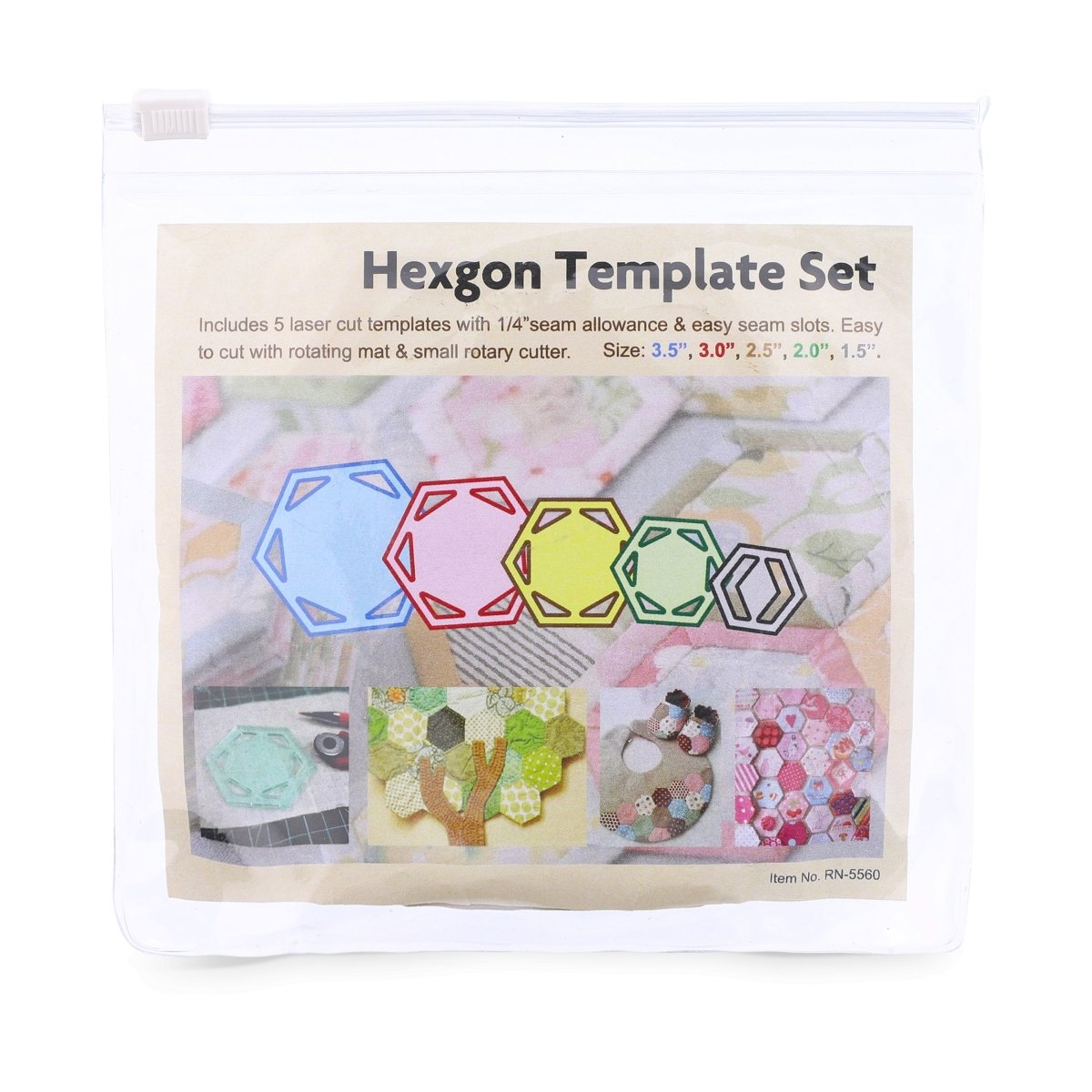 Hexagon Quilting Template Set, 4 inch, 3 inch, 2 inch, 1 inch with 1/4 inch Seam Allowance