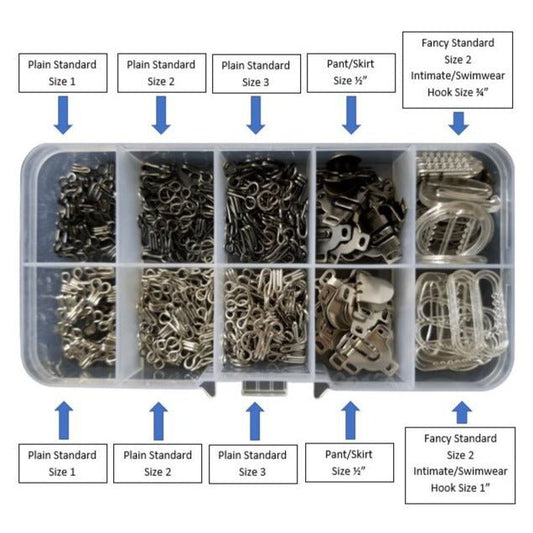 MadamSew Hook & Eye Fastener Set - with name and size of fasteners