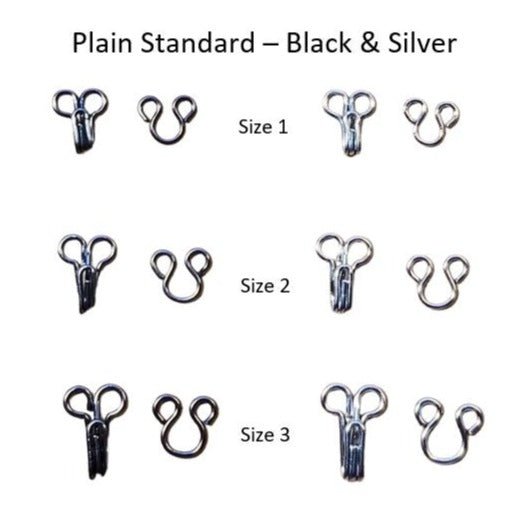 MadamSew's Plain Standard Hook & Eye Fasteners with sizes and colors