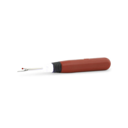 Lighted Seam Ripper with a LED light, a sharp tip and a big red handle