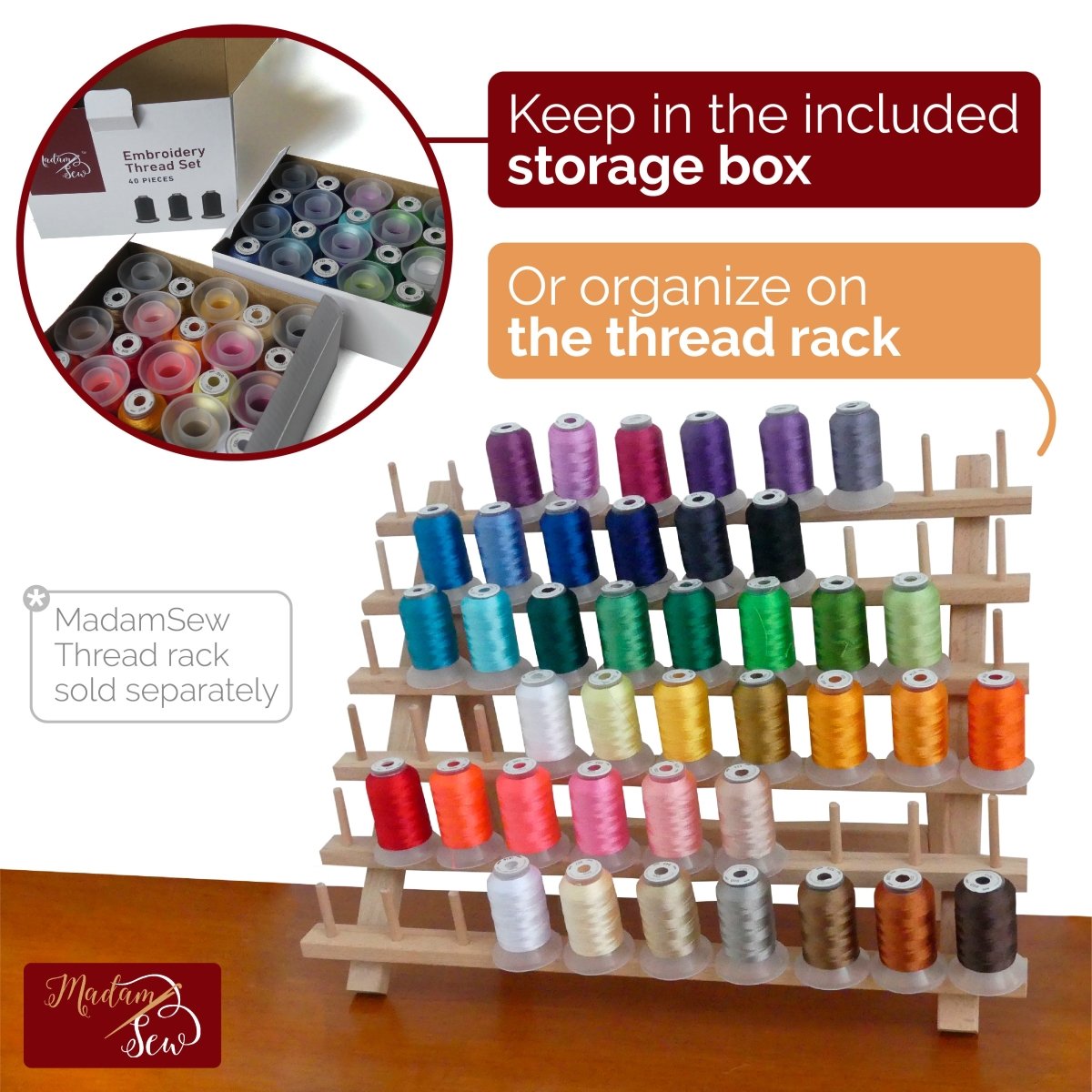 40 spools of Machine Embroidery Thread in different colors on a thread rack