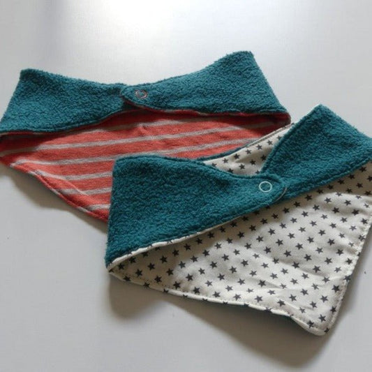 Open Ring Snaps used as a closure on baby bibs.